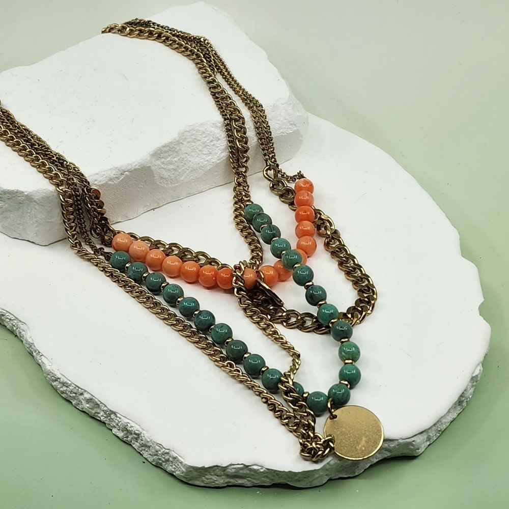New York & Co. Gold Tone Multi Strand Green Orange Bead Coin Pendant Necklace